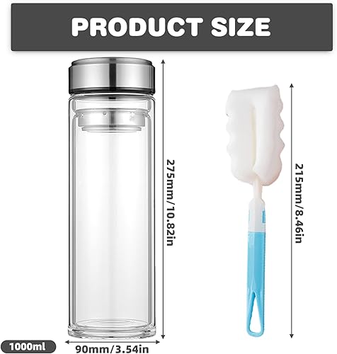 Bouteille en verre de 1 litre, gourde à double paroi en verre de 1 l, gourde de 1 l avec brosse et ensembles de tasses, bouteille à thé avec passoire à emporter, gourde en verre de 1 l - Nail Gallerys