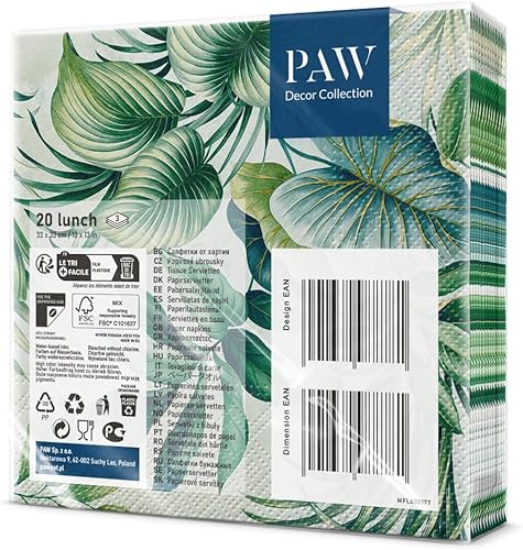 PAW - Serviette Papier 3 Plis (33 x 33 cm) I Lot de 20 I Parfait pour les Anniversaires, les Partys, les Mariages, la Kommunion et les Célébrations I Décoration de Table - Eucaliptus Doré - Nail Gallerys