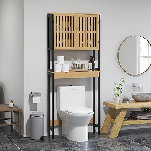 HOMCOM Meuble sur WC avec armoire 2 portes et étagère ouverte, meuble de salle de bain économe en espace avec portes à lattes, 60 x 21,5 x 172 cm, couleur bois - Nail Gallerys