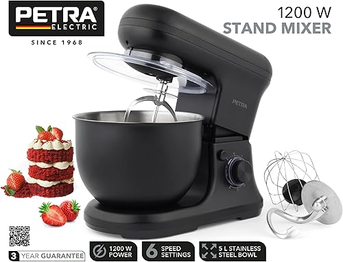 Petra PT5620MBLKVDE Robot Pâtissier – 1200 W, noir, 6 vitesses robot pétrin de cuisine, multifonction, bol d'acier inoxydable 5 l, mouvement planétaire, avec crochet pétrisseur, batteur, fouet à fil - Nail Gallerys