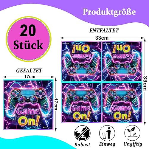 ParPix Lot de 20 serviettes en papier Game On - 33 x 33 cm - Décoration de jeu vidéo - Multicolore - Décoration de jeu - Pour anniversaire d'enfant - Jeu vidéo - Serviettes en papier pour gamer - Nail Gallerys