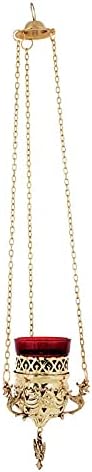 Lampe a huile en bronze a suspendre, culte chretien orthodoxe Grec avec coupelle en vevre rouge pour les veillée bougie 9503b - Nail Gallerys