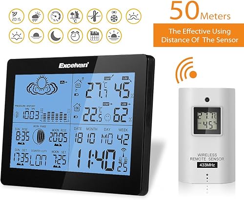Excelvan Station Météo avec Température Hygrométrie Intérieur/Extérieur (Prévisions Météo Baromètre Horloge Radio-Pilotée) - Nail Gallerys