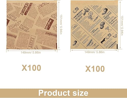 HERKINDNESS 100 Pièces Emballage Alimentaire, Papier Kraftpapier Emballage Alimentaire, 15 X 15 cm Papier Journal Alimentaire, 2 Styles Papier Alimentaire, pour L'emballage Biscuits, Chips, Sandwiches - Nail Gallerys