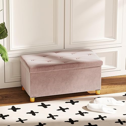 HOMCOM Banc de Rangement, Bout de lit, Pliable, 76 x 38 x 38 cm, Volume 67 L, capacité de Charge 120 kg, avec Couvercle, pour Chambre, Couloir, Salon, Rose - Nail Gallerys