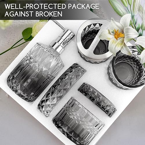 Hebaogugu Lot de 5 accessoires de salle de bain gris avec distributeur de savon, porte-savon, gobelet, porte-brosse à dents, boîte à cotons-tiges, distributeur de savon taillé en diamant pour la - Nail Gallerys