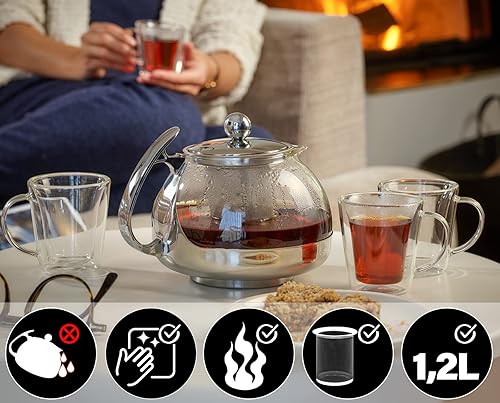 Monzana Théière avec passoire thé en acier inoxydable verre 1,2 litres boisson chaude froide glaçon - Nail Gallerys