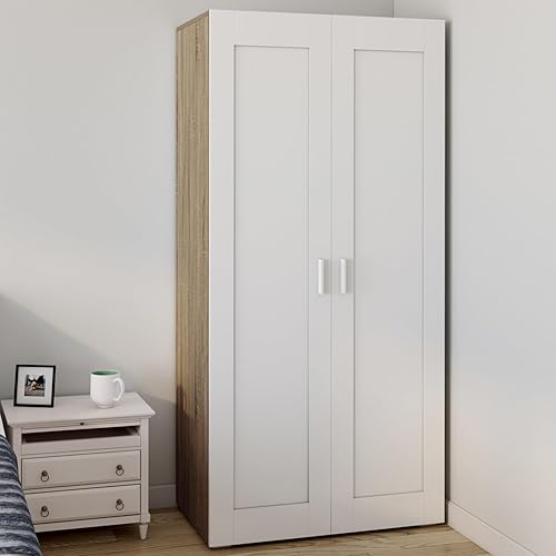IDMarket - Armoire 2 portes VITO blanc et bois penderie 80 cm avec étagères rangement maxi capacité - Nail Gallerys