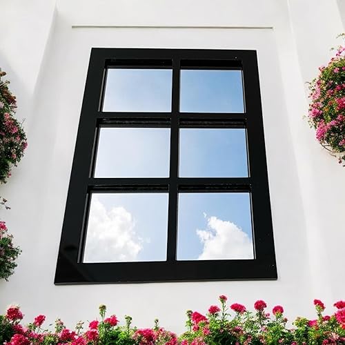 Servewell Miroir de jardin extérieur avec cadre de fenêtre à 6 panneaux - Cadre noir - Miroir de jardin décoratif mural - 70 x 35 cm - Nail Gallerys