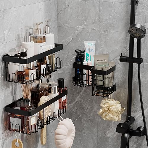RUIHANDA Étagère de douche 4 en 1 - Charge maximale : 18 kg - Bord haut de 10 cm contre le marché de 5 à 6 cm - 32 crochets - Kit d'organisation de douche avec porte-savon et porte-rasoir, sans - Nail Gallerys