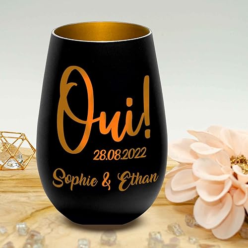 Photophore en Verre personnalisé - Cadeau Mariage - Blanc/Or - Fiançailles - Saint Valentin - Personnalisable avec nom et Date – Amoureux - Nail Gallerys