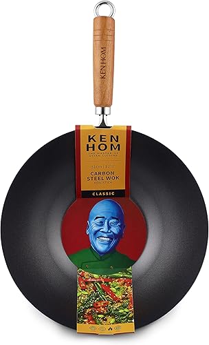 Ken Hom Ensemble de Wok Acier au Carbone, 31cm, Excellence, Set de 4 Pièces/Poele Wok Induction avec Couvercle en Verre, Grile Spatule en Bois, Passe au lave-vaisselle, Garantie de 2 ans, KH431041 - Nail Gallerys