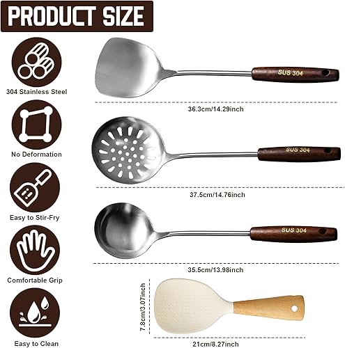 XRPRPX Ensemble de Spatules et Louches pour Wok, Spatule Wok, Louche et Écumoire avec Long Manche en Bois, 3PCS Ustensiles de Cuisine en Acier Inoxydable 304 avec 1 Cuillère à Riz Debout en Silicone - Nail Gallerys