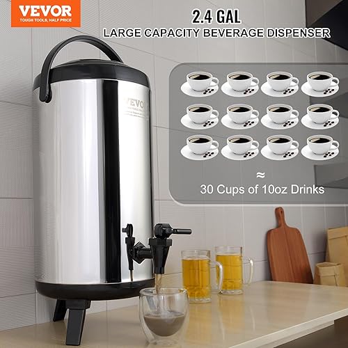 VEVOR Distributeur de Boissons Isotherme 9,2L Distributeur d’Eau Chaude et Froide Non Électrique Inox Alimentaire Conservation 4-6H Conteneur Isotherme avec Robinet Portable pour Camping Restauration - Nail Gallerys