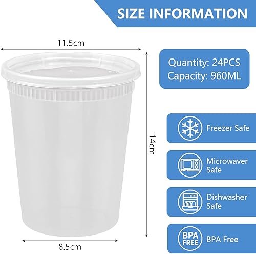 Kleemeiero 24PCS Récipients en Plastique avec Couvercle 960ML Contenants de Stockage de Soupe en Plastique avec Couvercles Récipients à Soupe avec Couvercles pour Conservation des Aliments Étanches - Nail Gallerys