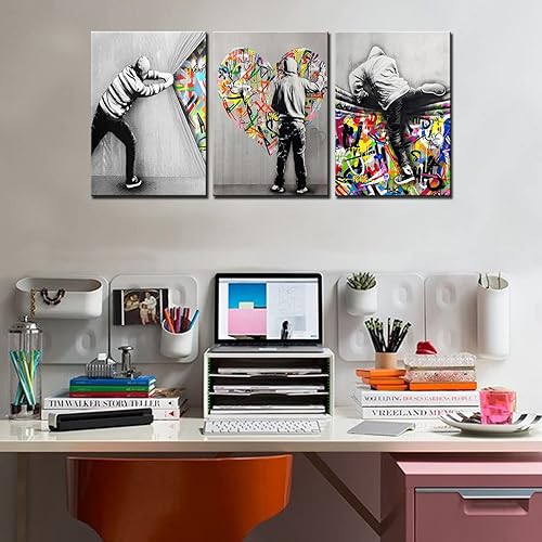 Art mural Graffiti Street Banksy en forme de cœur derrière le rideau, œuvre d'art pour le salon, 3 panneaux, impression sur toile, décoration - Nail Gallerys