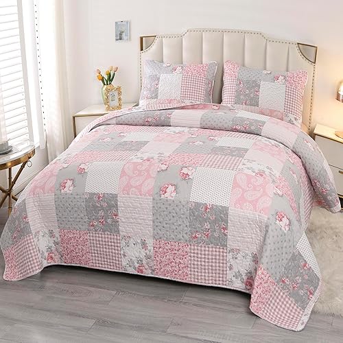 DECMAY Couvre Lit 2 Personnes 220x240 cm - Dessus de Lits et Couvre-Lits Patchwork en Microfibre Rose à Motif Floral - Couvre Canapé Léger et Confortable - Design Romantique - Nail Gallerys