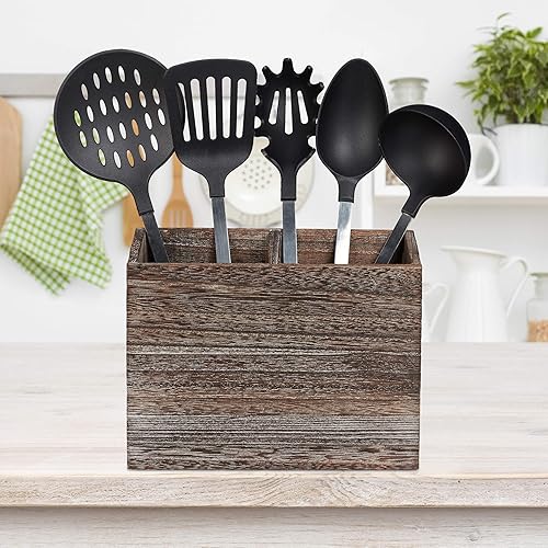 Relaxdays Support à ustensiles de cuisine, 2 compartiments pour les accessoires & couverts, 17x24x12 cm, bois, marron - Nail Gallerys