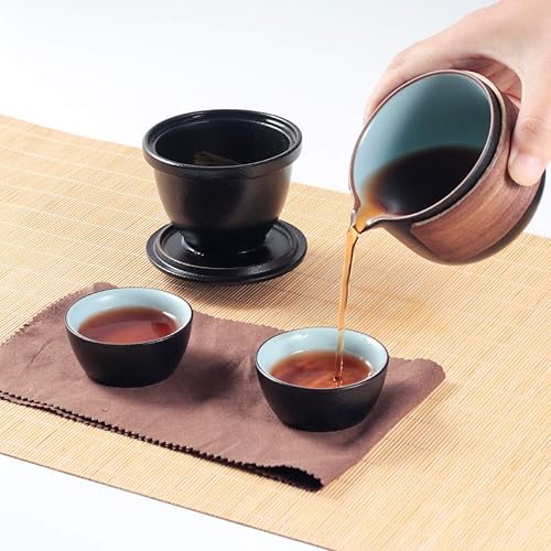 Mini théière de voyage en céramique Kung Fu chinoise, 1 théière 2 tasses à thé en porcelaine avec infuseur à thé et sac portable pour pique-nique en plein air (noir) - Nail Gallerys