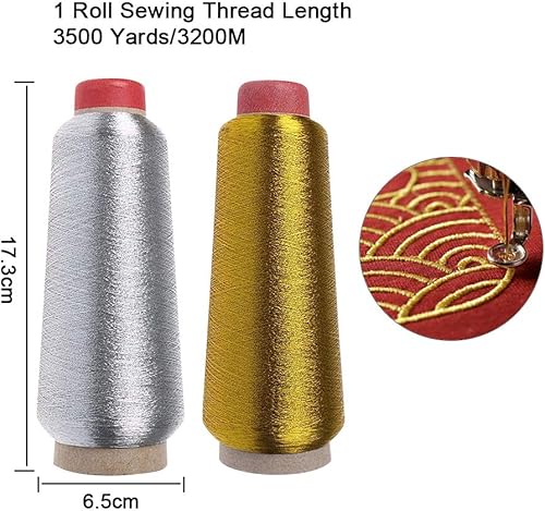 LYTIVAGEN 2 PCS Fil à Coudre en Polyester Fil Couture de Machine à Coudre Fils à Broder 3200m/Bobine Fil à Coudre Fil Broderie Machine Couture Mercerie pour Tricoter, Coudre, Crochet(Doré et Argent) - Nail Gallerys