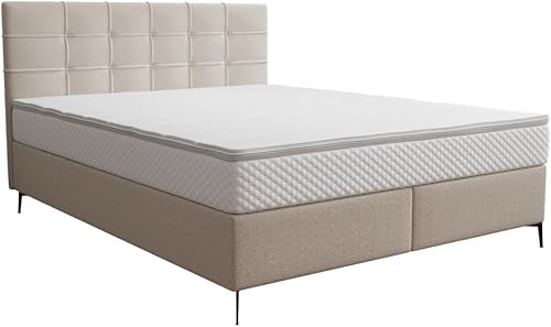Vente-unique - Ensemble Complet boxspring tête de lit capitonnée + sommier + Matelas + surmatelas - 160 x 200 cm - Tissu - Beige - INAO de YSMÉE - Nail Gallerys