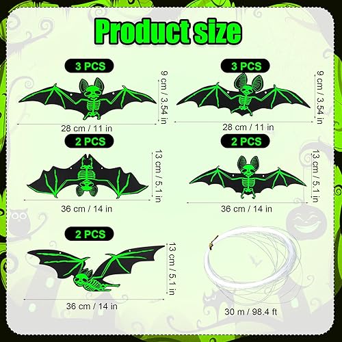 12pcs Chauve-Souris en Plastique pour Halloween, 5 Tailles Décoration de Chauve-Souris Lumineuse Chauve-Souris Effrayante Décorations à Suspendre pour Arbre d'halloween pour Pelouse Porche - Nail Gallerys