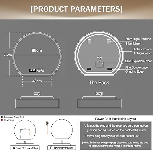 GXSDYYDS Miroir de salle de bain avec éclairage semi-circulaire 80 × 72 cm LED avec éclairage à intensité variable, 3 couleurs de lumière, anti-buée, interrupteur tactile, horloge, miroir de salle de - Nail Gallerys