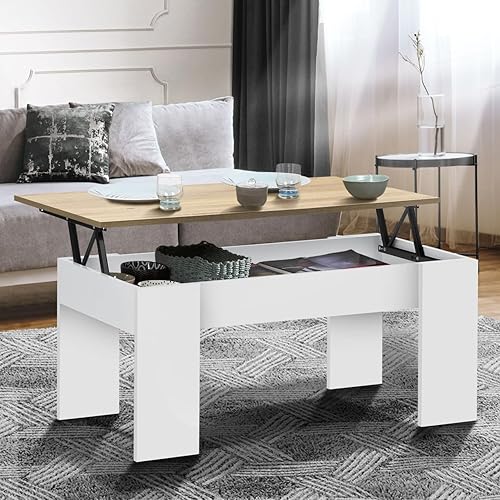 IDMarket - Table Basse Plateau relevable rectangulaire Tara Bois Blanc et Imitation hêtre - Nail Gallerys