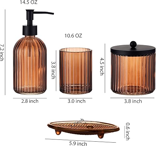 Lot de 4 accessoires de salle de bain en verre épais avec motif décoratif pressé – Comprend un distributeur de savon pour les mains, un gobelet, un porte-savon et un porte-brosse à dents (vert olive) - Nail Gallerys