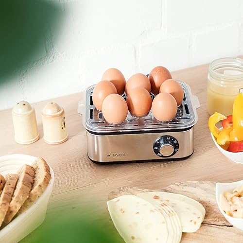 Navaris Cuiseur à Œufs Électrique INOX - Appareil pour 1 à 8 Œufs - Œuf Dur Mollet Poché ou à la Coque - Cuisson Vapeur Légumes Possible - Nail Gallerys