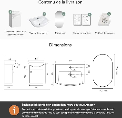 Planetmöbel Ensemble de Meubles de Salle de Bains Lavabo avec Meuble Bas 45 x 60 x 33 cm, Miroir avec éclairage 50 x 90 cm pour Salle de Bains et WC invités, chêne doré - Nail Gallerys