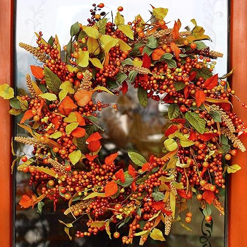 Couronnes d'automne pour Porte D'entrée, Décoration Automne, Porte Réaliste en Rotin Thanksgiving DayFront, Porte Feuilles D'érable Artificielles - Nail Gallerys