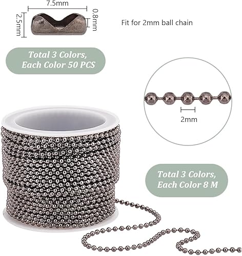 PH PandaHall 24m Chaînes à Billes 3 Couleurs 2mm avec 150pcs connecteurs de Chaîne à Billes en Laiton pour Bijoux Collier Étiquette de Chien Suspendue Loisirs Créatifs - Nail Gallerys