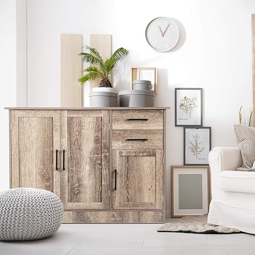 COSTWAY Buffet 3 Portes 2 Tiroirs avec Étagère Réglable, Buffet Salle à Manger 110 x 40 x 78 cm, Fermenture Magnétique, Meuble Bas Rustique, Meuble de Rangement pour Salon, Cuisine - Nail Gallerys