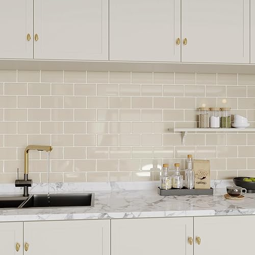 VEELIKE Carrelage Adhesif Mural Beige 3D Carreaux Adhesif Salle de Bain Crédence Adhésive Cuisine Stickers Carrelage Autocollants pour Blanchisserie Imperméable Amovible 30.5cm×30.5cm 6 Pièces - Nail Gallerys