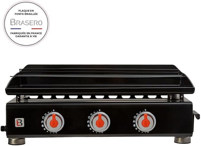 BRASERO - Plancha Silvia II G 3 Feux Plaque Fonte émaillée 67 x 34 cm, Fabriquée en France - 3 brûleurs - Grille de réchauffement + Housse Offerte - Jusqu'à 10 convives - Nail Gallerys
