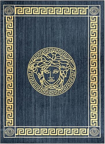 rugsx Tapis Moderne Lavable Andre pour la Chambre des Enfants, Le Salon, l'entrée, Moquette Lavable en Machine, Cadre, méduse Grecque, antidérapant - Bleu/Or 120x170 cm - Nail Gallerys