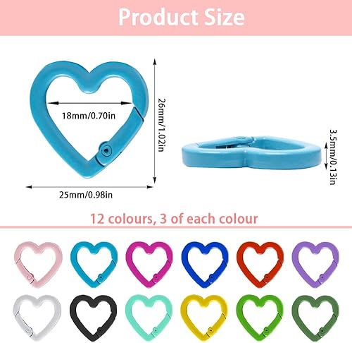 Sxutop 36 Pièces Mini Mousqueton en Forme de Cœur Coloré Petit Mousquetons en Alliage de Zinc Anneaux à Ressort Coeur Fermoir pour Sangle Chaîne Porte-Clés Sac à Dos Bricolage Artisanat (12 Couleurs) - Nail Gallerys