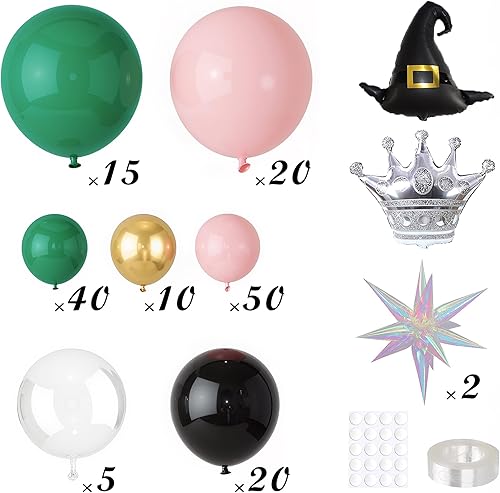 Ensemble d'arche de ballons vert foncé et rose pour fête sur le thème méchant, 160 pièces vert foncé, rose layette, noir, or, bobo transparent, chapeau de sorcière, couronne et étoile explosive pour - Nail Gallerys