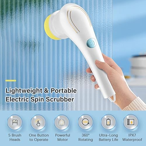 Irishom Brosse de Nettoyage Électrique sans Fil, Brosse Rotative à Main Multifonctionnelle, avec 5 Têtes, Etanche IPX7, pour Cuisine/Salle de Bain/Mur/Fenêtre/Carrelage/Baignoire/Cuisine/Voiture - Nail Gallerys