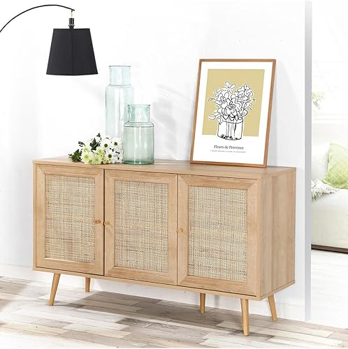 Calicosy - Buffet avec 3 Portes - Décor Cannage en Rotin - Style Naturel et Tendance - Meuble de Rangement Bas Décor Bois - pour Salon, Salle à Manger - L120 x P39 x H70 cm - Nail Gallerys