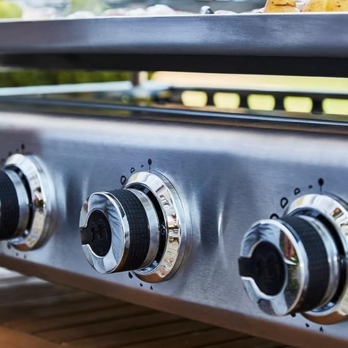 BRASERO - Plancha Silvia II G Inox 4 Feux - Plaque Inox - 4 brûleurs - Surface de cuisson 84 x 34 cm - Puissance de 10 kW - Grille de réchauffement - Tiroir graisse - Jusqu'à 12 convives - Nail Gallerys