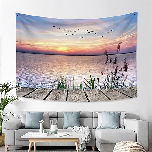YongFoto 180x160cm Été Tapisserie Bord de mer Roseau Oiseaux Tenture Coucher de Soleil Parquet Tapisseries pour Dorm Chambre décor Art Mural Nappe Tapis Jet de Plage - Nail Gallerys