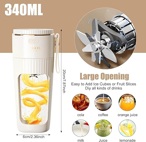 Mixeur Portable 340ml - Mini Mixeur Sans Fil Personnel pour Smoothies à Emporter - Puissant Mixeur de Comptoir - Rechargeable avec Couvercle Anti-Fuites & Paille - Bouteille à Jus Antioxydante - Nail Gallerys