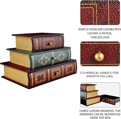 Décoratif Vintage en Bois Boîte de Rangement de Livre Factice Boîte à Bijoux avec Trois Tiroirs (312) - Nail Gallerys