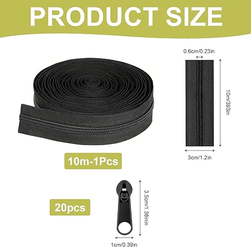 Fhioevt Fermeture Eclair au Mètre 10m Zip Fermeture Eclair Noire Remplacement n°5 Fermeture à Glissière 6 mm avec 20 Curseurs en Métal pour Couture Bricolage Artisanat Sacs Vêtements Textiles - Nail Gallerys