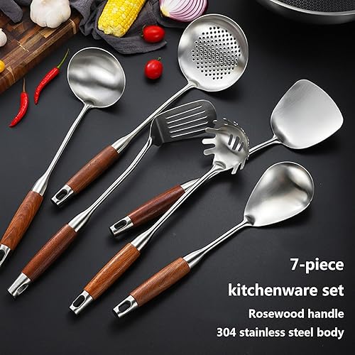 7 Pièces Set Ustensiles De Cuisine Inox Ensemble D'ustensiles De Cuisine En Acier Inoxydable Avec Support Set De Couverts De Cuisine En Métal Avec Manche En Bois Isolé Thermiquement - Nail Gallerys