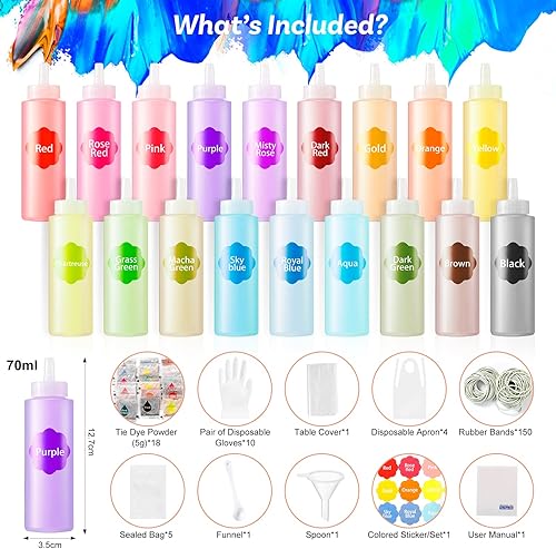 URBZUE Tie Dye Kit, 18 Couleurs Teinture Textile Peinture 210 pcs Kits, DIY Dye Kits pour Teindre Des Tissus, Des Activités D'art Créatif et Artisanal pour Enfants et Adultes - Nail Gallerys