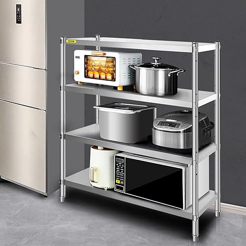 VBENLEM Étagères Inox de Rangement de Cuisine Capacité de Charge 150 kg Table à Épices à 4 Niveaux avec Accessoires d'Assemblage Meuble pour Cuisine Garage Atelier Entrepôt Balcon 122x48x150 cm - Nail Gallerys