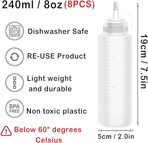 FBDSUFH 8 Pièces Bouteilles Condiments Plastique, Bouteille Sauce avec Bouchon, Condiments Squeeze Bouteilles, Flacons Transparents pour Sauce, pour Ketchup, Moutarde, Huile Dolive, Mayo (240ml, 8oz) - Nail Gallerys